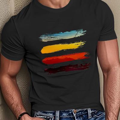 TEMU Men's Casual Summer Tee - Soft, Comfortable, Breathable -shirt With Colorful Horizontal Stripe Print, Round Neck, Adults, Casual Wear Tee | Vibrant Print Tee | Tee Image