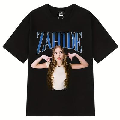 TEMU Singer Zahide Merch Graphic T-shirt For Men - Black Cotton Oversized With Zahide Print, Short Sleeve Casual Shirt, Machine Washable Image