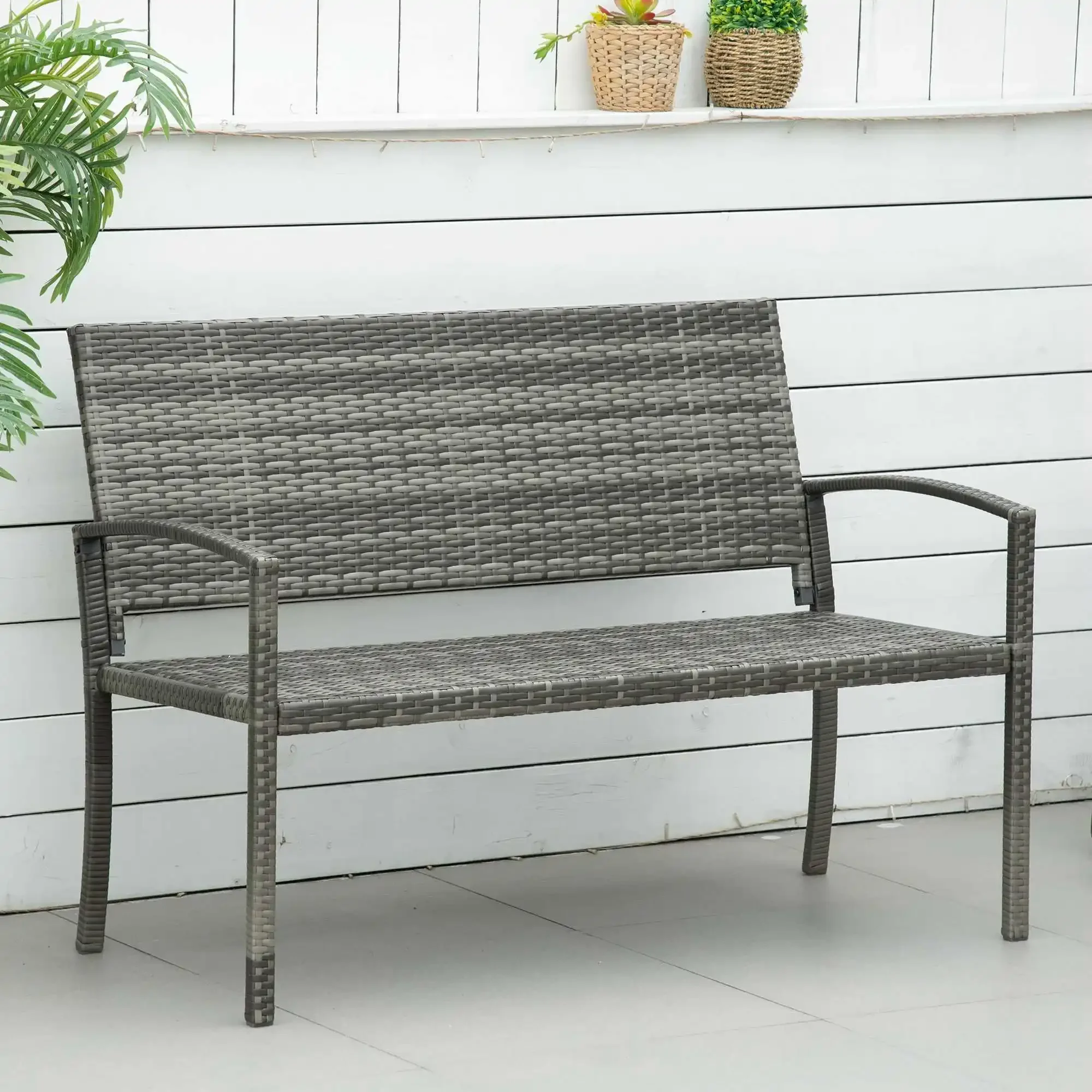 Banc de jardin banc de parc aspect rotin avec structure en acier, sièges 2, capacité de poids jusqu