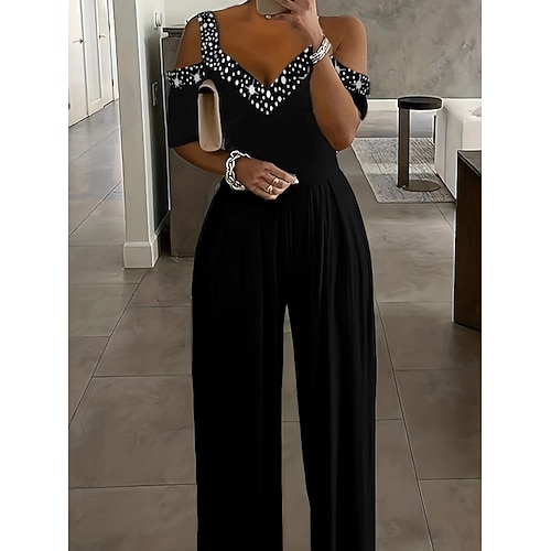 Damen Normal Overall Elegant Geometrisch Kurzarm Weites Bein V Ausschnitt Patchwork Hohe Taille Party Arbeit Normale Passform Schwarz Wein Blau Sommer Image