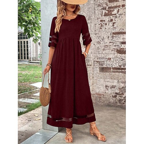 Damen Maxikleid A Linie Kleid Sommerkleid Lässig Täglich Normale Passform Einfach Halbarm V Ausschnitt Schwarz Wein Grün Sommer Image