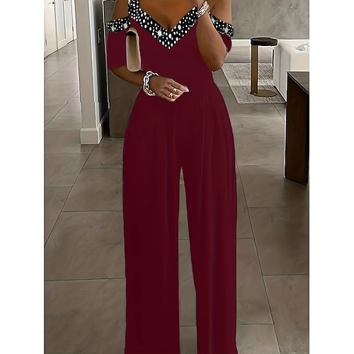 Damen Normal Overall Elegant Geometrisch Kurzarm Weites Bein V Ausschnitt Patchwork Hohe Taille Party Arbeit Normale Passform Schwarz Wein Blau Sommer Image