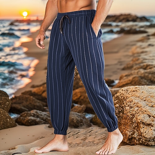 Herren Leinenhosen Hose Sommerhose Strandhose Tasche Kordelzug Elastischer Bund Gestreift Komfort Atmungsaktiv Urlaub Täglich Ferien Hawaiianisch Boho Schwarz Weiß Image