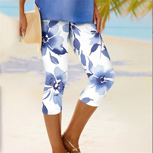 Damen Leggings Anti-Scheuer-Shorts Gemütliche Leggings Mode Streetwear Wadenlang Natürliche Taille Blume Elastischer Bund Bequem Atmungsaktiv Dehnbar Alltagskleidung Festival Weiß Gelb Rosa Blau Image