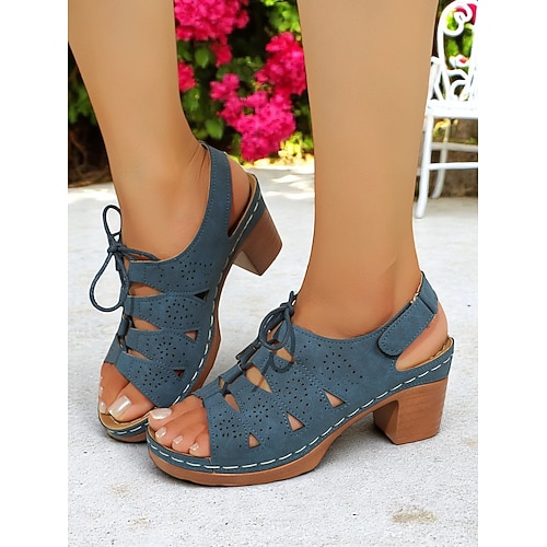 Damensandalen mit Cut-Outs und dickem Absatz – Retro-Schnürdesign mit gepolsterter Innensohle, ideal zum Einkaufen, für Outdoor-Festivals und Sommerbrunch Image
