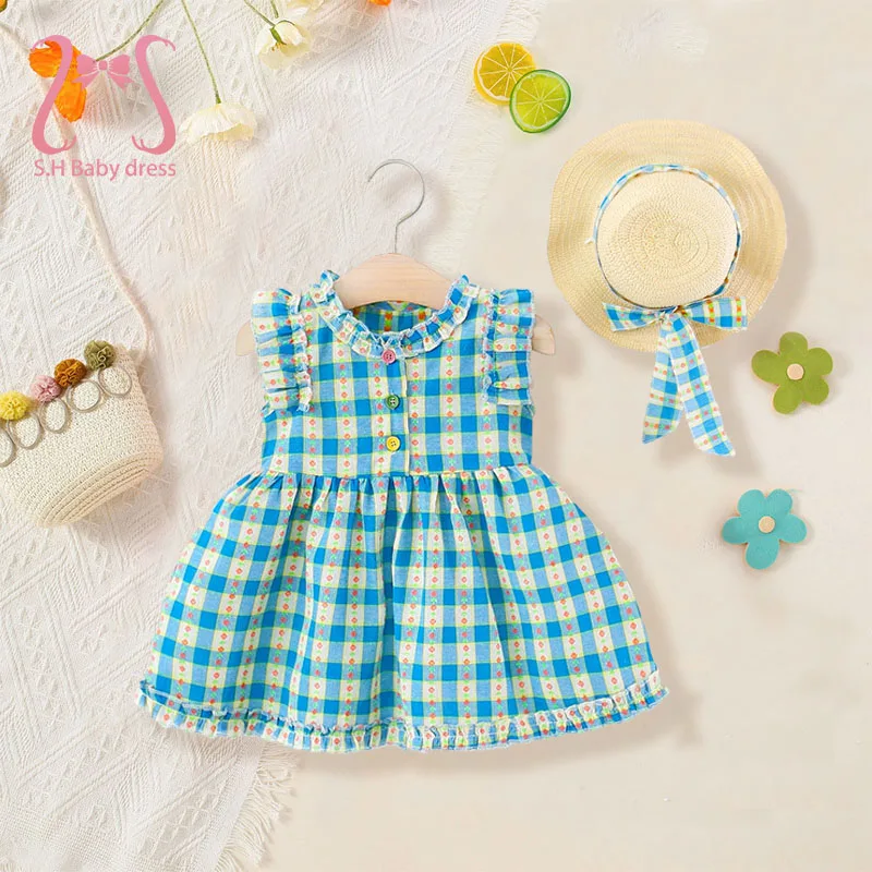2 Teile/satz 0-4 Jahre Alte Kinder Kleidung Sommer Kleinkind Kleid Blau Gitter Bunte Taste Mädchen Kinder Kleider Baby täglichen Kostüm Image