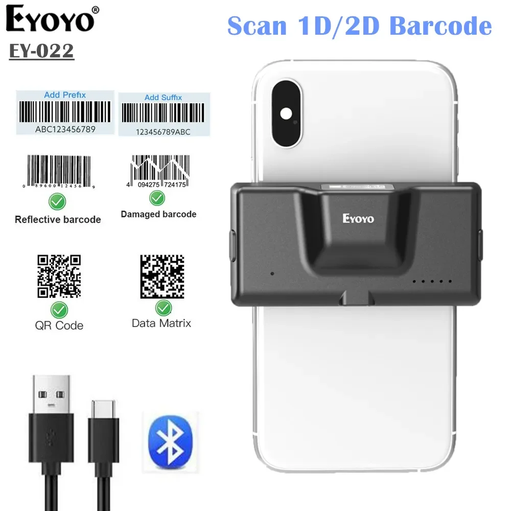 Eyoyo EY-022 2D Bluetooth Barcode Scanner Drahtlose Rückseite Clip-on Telefon Barcode Scanner Einstellbar für 1D QR PDF417 Code Reader Image