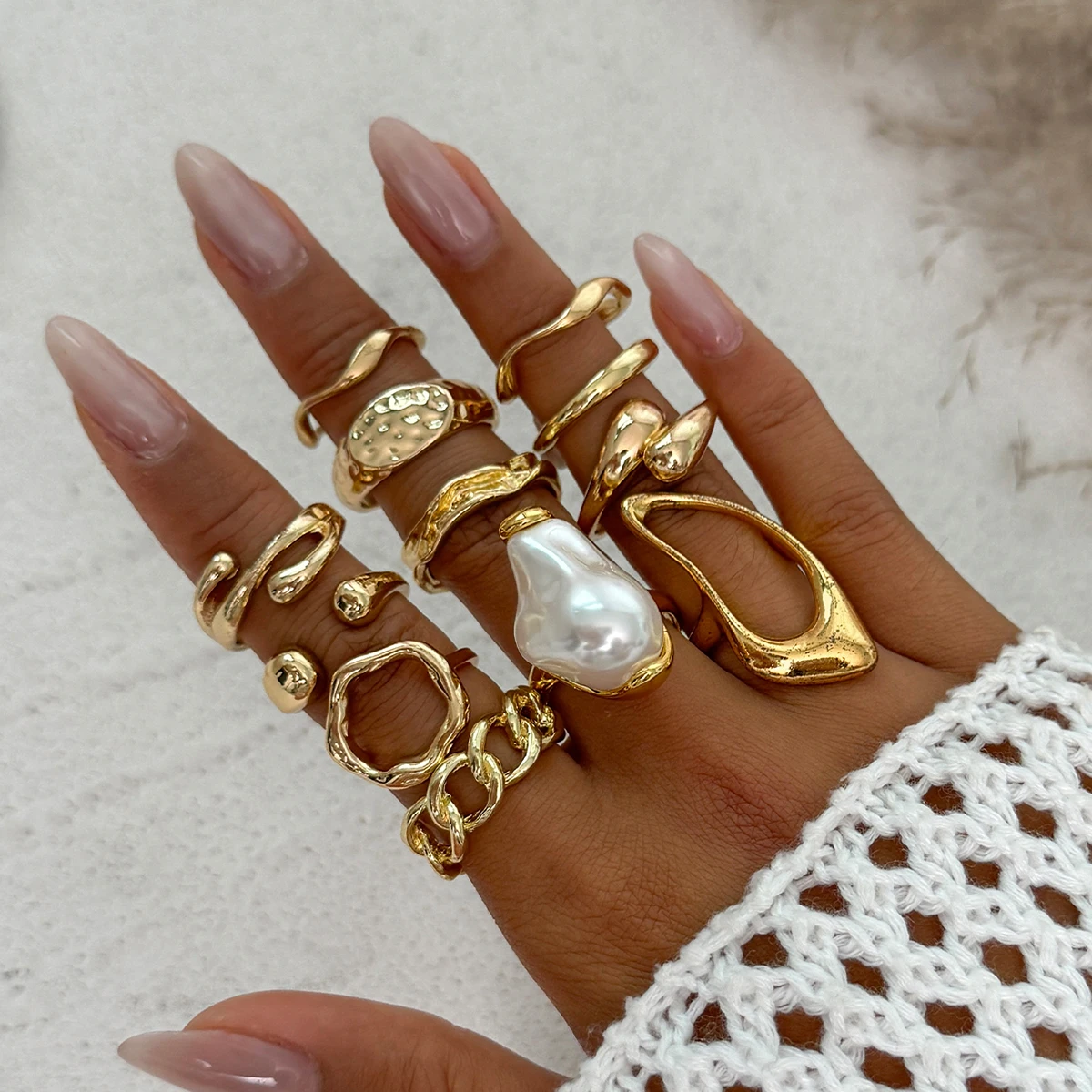 Ingemark 12 Teile/satz Vintage Imitation Perle Wasser Tropfen Offene Ringe für Frauen Goth Unregelmäßige Geometrische Ring Hochzeit Finger Schmuck Image