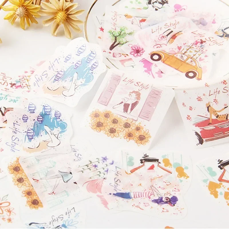 40 Stück Handbuch Planer Scrapbook Aufkleber selbstklebend Briefpapier weltberühmtes Gebäude Retro Mädchen Pflanze Blume DIY Tagebuch Image