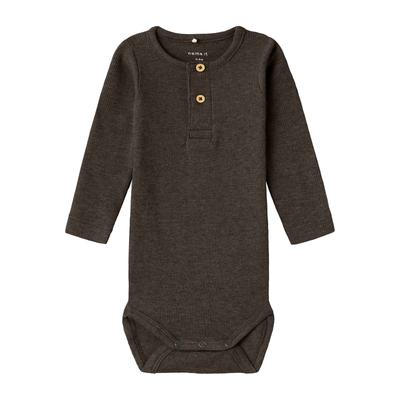 Langarmbody NAME IT "NBMKAB LS BODY NOOS", Baby, Gr. 50, N-Gr, delicioso detail:melange, Jersey, Rippware, Obermaterial: 57% Baumwolle, 38% Modal, 5% Elasthan, meliert, unifarben, casual, regular fit, Rundhals, Langarm, Bodies Image