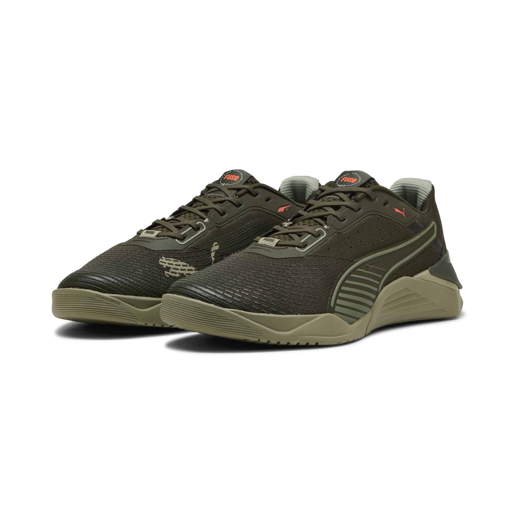 Trainingsschuh PUMA "Fuse 4.0 Sneakers Erwachsene", Damen, Gr. 45, grün (olive grün lux army glowing rot), Obermaterial: Textil, Synthetik; Futter: Textil; Innensohle: Textil; Laufsohle: Gummi, Schuhe
