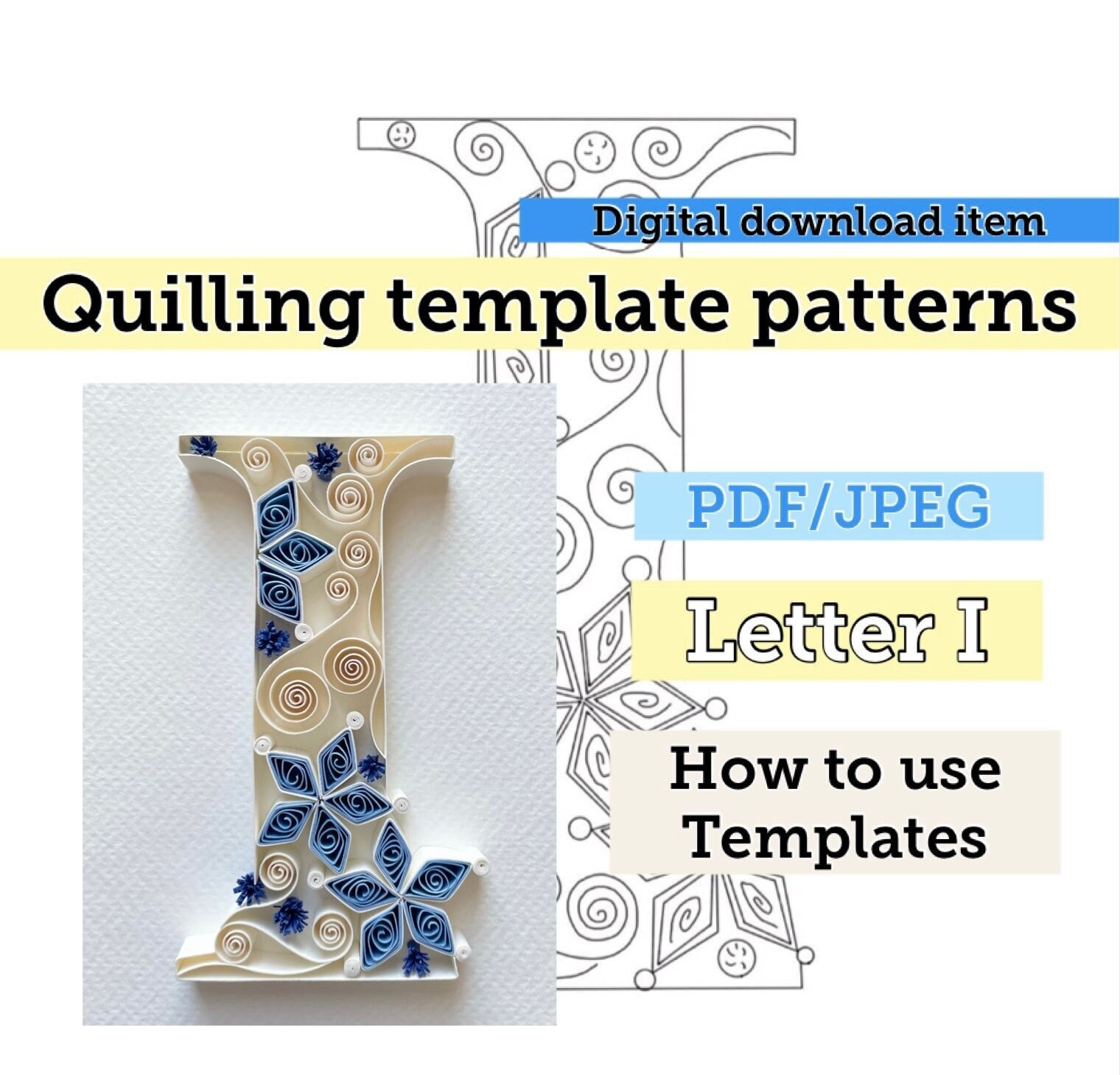 Modello quilling, lettera quilling, modelli quilling, modelli modello quilling, fiori quilling, kit quilling, download istantaneo, iniziale