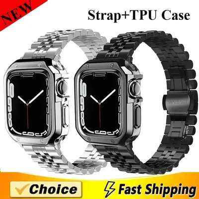 TPU-Schutzhülle + Metallarmband für Apple Watch Band 46 mm 45 mm 44 mm 42 mm 41 mm 40 mm Edelstahlarmband für iWatch 10 9 8 7 6 Image
