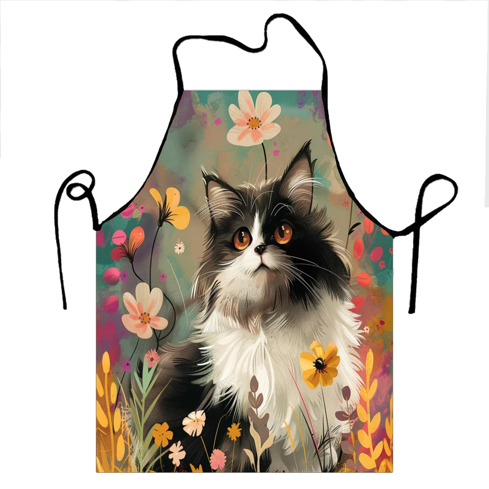 1pc Oxford Tuch Schürze Blumen Und Katzen Gedruckt Schürze Cartoon Stil Taille Schürze 50X75cm68X95cm Image