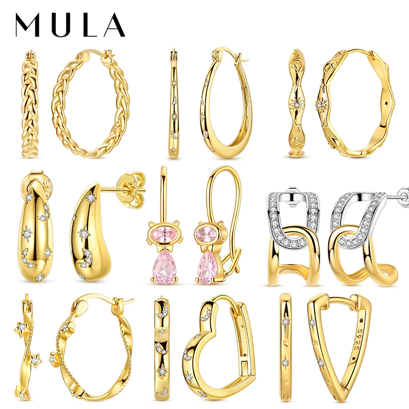 MULA Ohrringe aus 925er-Sterlingsilber, Goldserie, Katzen-Creolen-Ohrring für Damen, Zirkon, Original-Pendientes, edler Schmuck, Geschenk Image