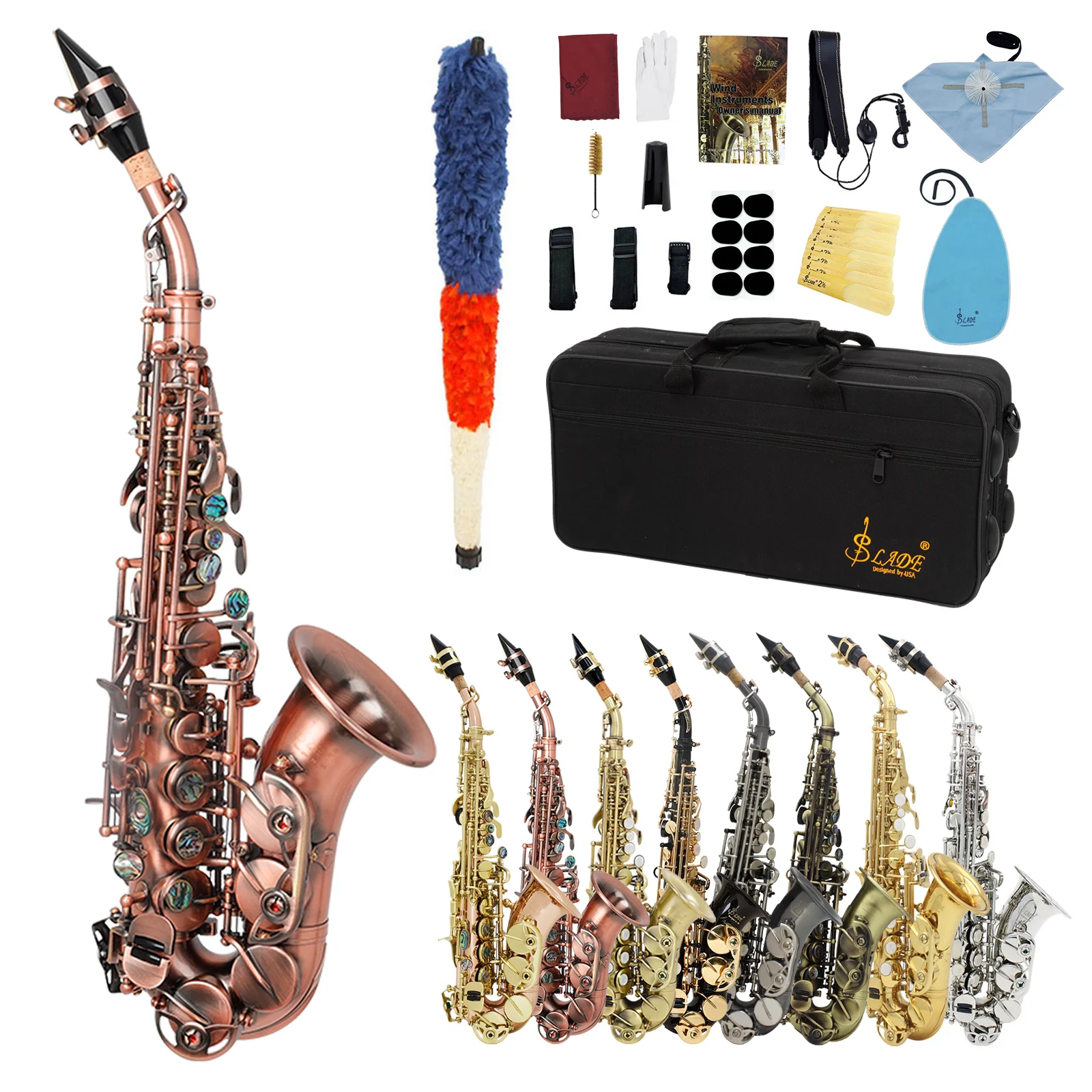 SLADE Sopransaxophon Bb Flat Saxophon Messingkörper Professionelles Holzblasinstrument mit Koffer Reed Neck Strap Saxophonzubehör Image