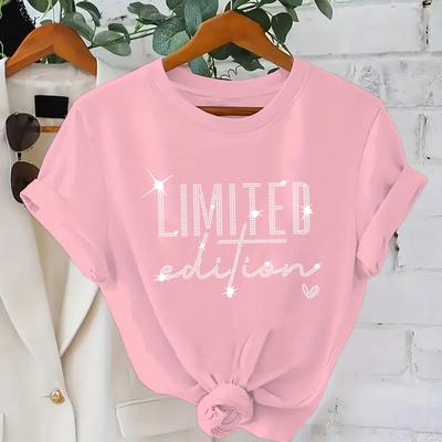"TEMU Women's Casual Summer T-shirt With " Edition" Glitter Print - Soft, Stretchy Fabric, Round Neck, Light Gray, Casual Wear|stylish Tshirt|, Ladies T Shirts" Image