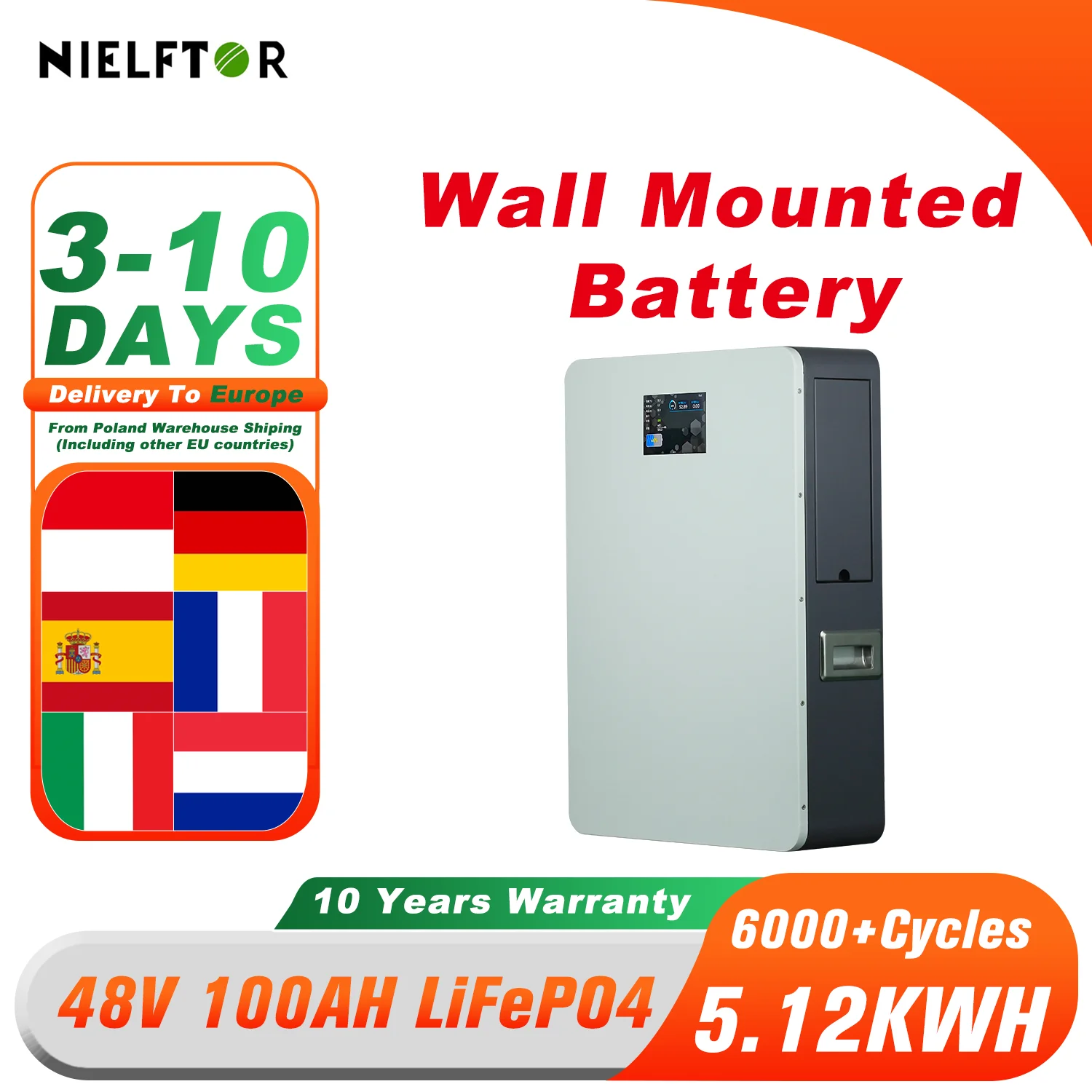 PL EU Stock 48V 100Ah LiFePO4 Wandhalterungsbatterie 5kWh 51,2V 100Ah Lithiumbatterie für die Energiespeicherung zu Hause 6000+ Deep Cycle Image