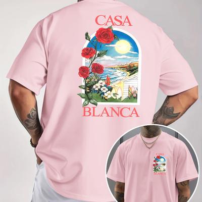 "TEMU Men's Casual Loose Fit With "" Rose - Short Sleeve, Summer Tee With Floral & Sunset Print, Perfect Gift For Him, Relaxed Fit Tee | Floral Sunset Print | , Beach T Shirts" Image