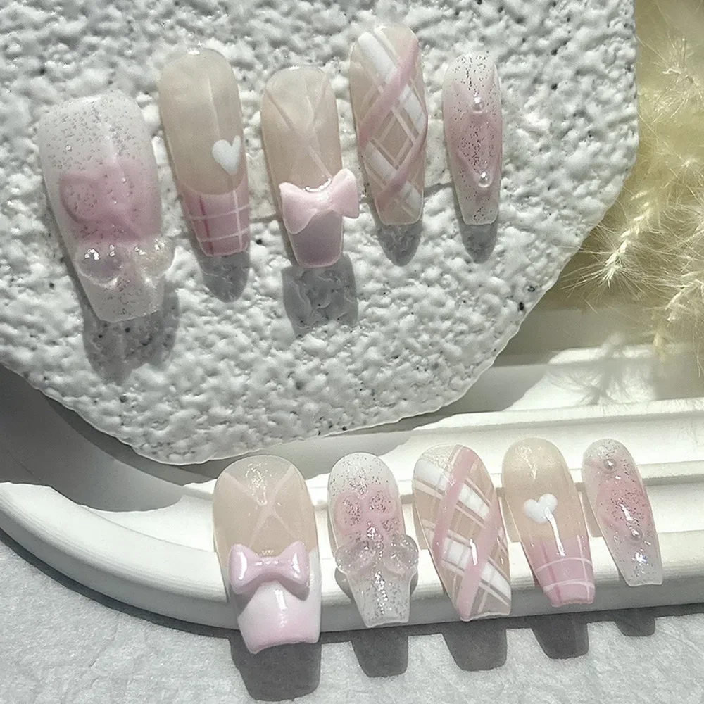 10 Stück süße 3D-Schleife, Kirschrosa, französische handgefertigte Nägel zum Aufdrücken, Gitter, Herzperlen, glitzernde künstliche Nägel, süße Ballett-Nagelkunst Image