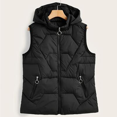 TEMU Zippered Hooded Sleeveless Jacket, Casual Solid Color Women's Clothing Image