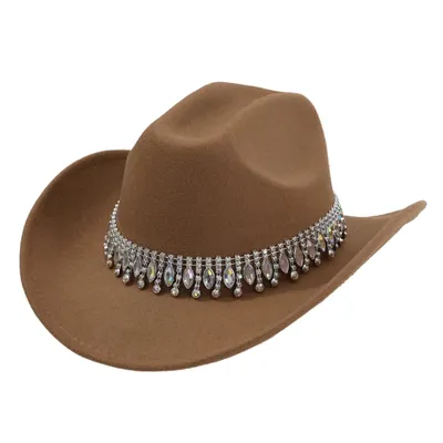 Damen Herren Hut Cowboy Kostüm Retro Vintage Elegante Quaste Edelstein Strass Filzhut Mütze Zubehör für Bankett Hochzeit Festzug Image