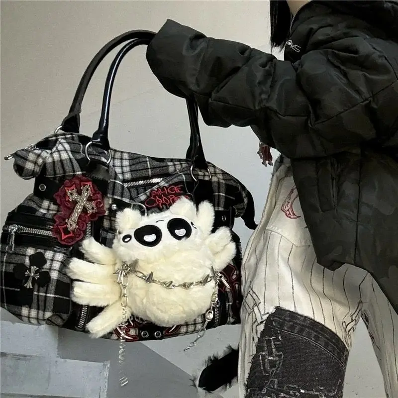 Heiße Mädchen Plaid Große Kapazität Tote Tasche Geldbörse Frauen Subkultur Gothic Kreuz Handtasche Weibliche Vintage Schwarz Schulter Taschen Ästhetische