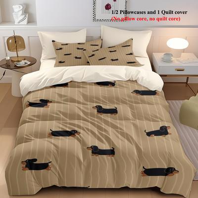 TEMU 2/3pcs Dachshund Pattern Background Duvet Cover Set (1 Duvet Cover + 1/2 Pillowcase Without Pillow Insert), Soft Breathable Hd Printing Bedding Set For Home Dorm Decor For Image