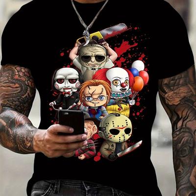 TEMU Mens Plus Size 3d Skull & Fire Print T-shirt, Casual Hip-hop Fashion, Round Neck, 100% Cotton, Cartoon Graphic, Regular Fit, Knit Top For All Image