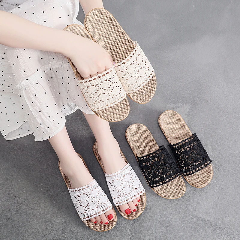 Spitze Casual Hausschuhe Frauen Hause Flache Hanf Elegante Designer Schuhe Damen Frühling Sommer Indoor Mode Schuhe 2025, Große Größe