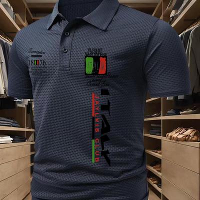 TEMU Men's Summer Casual Shirt With Logo Print, Short Sleeve, Button-up Collar, Regular Fit, Stretch Fabric, Geometric Pattern, For Weekend Casual Image