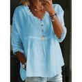 Per donna Camicie di cotone e lino Tinta unica Essenziale Casual Manica 3/4 Scollo a V Top Regolari Quotidiano Pizzo Patchwork Bianco Rosa Azzurro cielo Estate