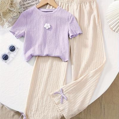 TEMU Girls' 2pcs Set With 3d Floral Embroidery Knit Top And Textured Wide-leg Pants Suitable For Daily, Party, Holiday Wear, Outdoor Image