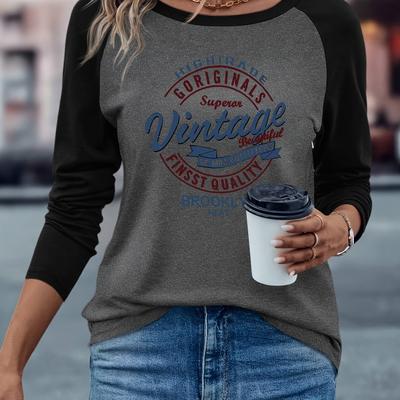 TEMU Women's Casual Crew Neck Raglan Long Sleeve T-shirt With Brooklyn Vintage Graphic, Comfortable Polyester Fabric, Regular Fit, Applique Detail, Ideal For Spring/fal Image