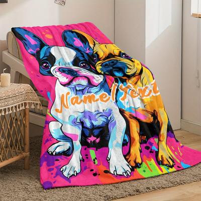 "TEMU 1pc Customizable French Bulldog Flannel Blanket – Soft, Lightweight Throw With Vibrant Digital Printing – Sofa, Bed, – Personalized Name Option – 31" ", 50" X 60", 60" X 80, Personalized Blanket" Image