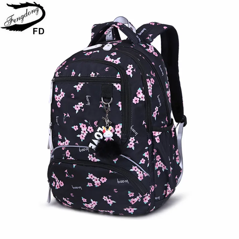 Fengdong – sac à dos d'école à fleurs de cerisier pour femmes, sac de livre à fleurs noir rose, sacs d'école à la mode pour filles, sac de livre à fleurs mignonnes