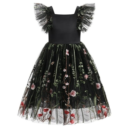 IBTOM CASTLE Kids Girls Birthday Party Sundress Floral Embroidery Backless Princess Tulle Tutu Wedding Pageant Dress 3-4 Years Black Floral