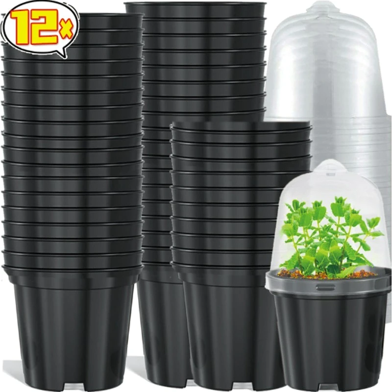 3/12PCS Vasi per vivaio per piantine nere con cupole di umidità Semi di partenza Coltiva la tazza Contenitori per piante da fiore Scatole per verdure da giardino
