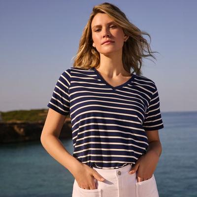 Supima Short Sleeve V-neck T-shirt, Women, size: 10-12, regular, Blue, Cotton, by Lands' End
