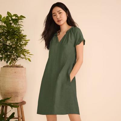 Smocked Linen Dress, Women, size: 10-12, petite, Green, Linen, by Lands' End