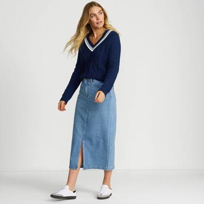 Soft Denim Midi Skirt, Women, size: 12, regular, Blue, Spandex/Cotton-blend, by Lands' End