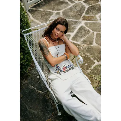 Sightseer Embroidered Linen Set at Free People in Ivory Combo, Size: Large
