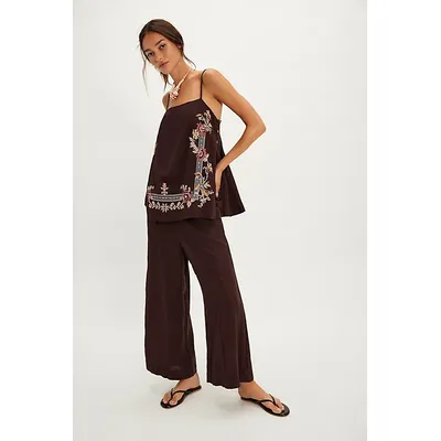 Sightseer Embroidered Linen Set at Free People in Espresso Combo, Size: XS