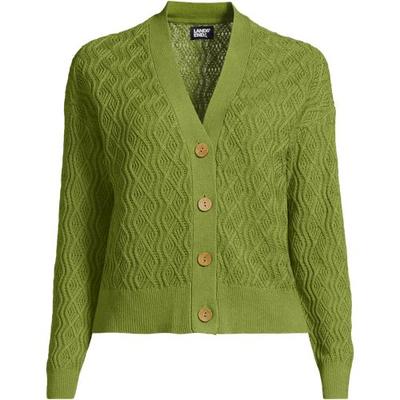 Linen/Cotton Cable Cardigan, Women, size: 10-12, regular, Green, Cotton/Linen/Cotton-blend, by Lands' End