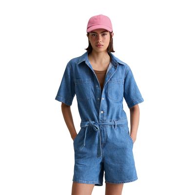 Overall MARC O'POLO DENIM "mit recyeltem Leinen-Garn", Damen, Gr. XXS, Normalgrößen, blau (aqua), Obermaterial: 47% Baumwolle, 33% Lyocell, 20% Leinen, unifarben, casual, relaxed fit kurz, Kurzarm normaler Saum, Overalls Image