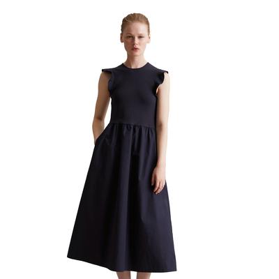 Jerseykleid MARC O'POLO DENIM "mit Baumwoll-Popelinerock", Damen, Gr. XL, Normalgrößen, blau (blau depths), Obermaterial: 96% Baumwolle, 4% Elasthan, unifarben, straight fit wadenlang, Rundhals, ohne Ärmel, Kleider Image