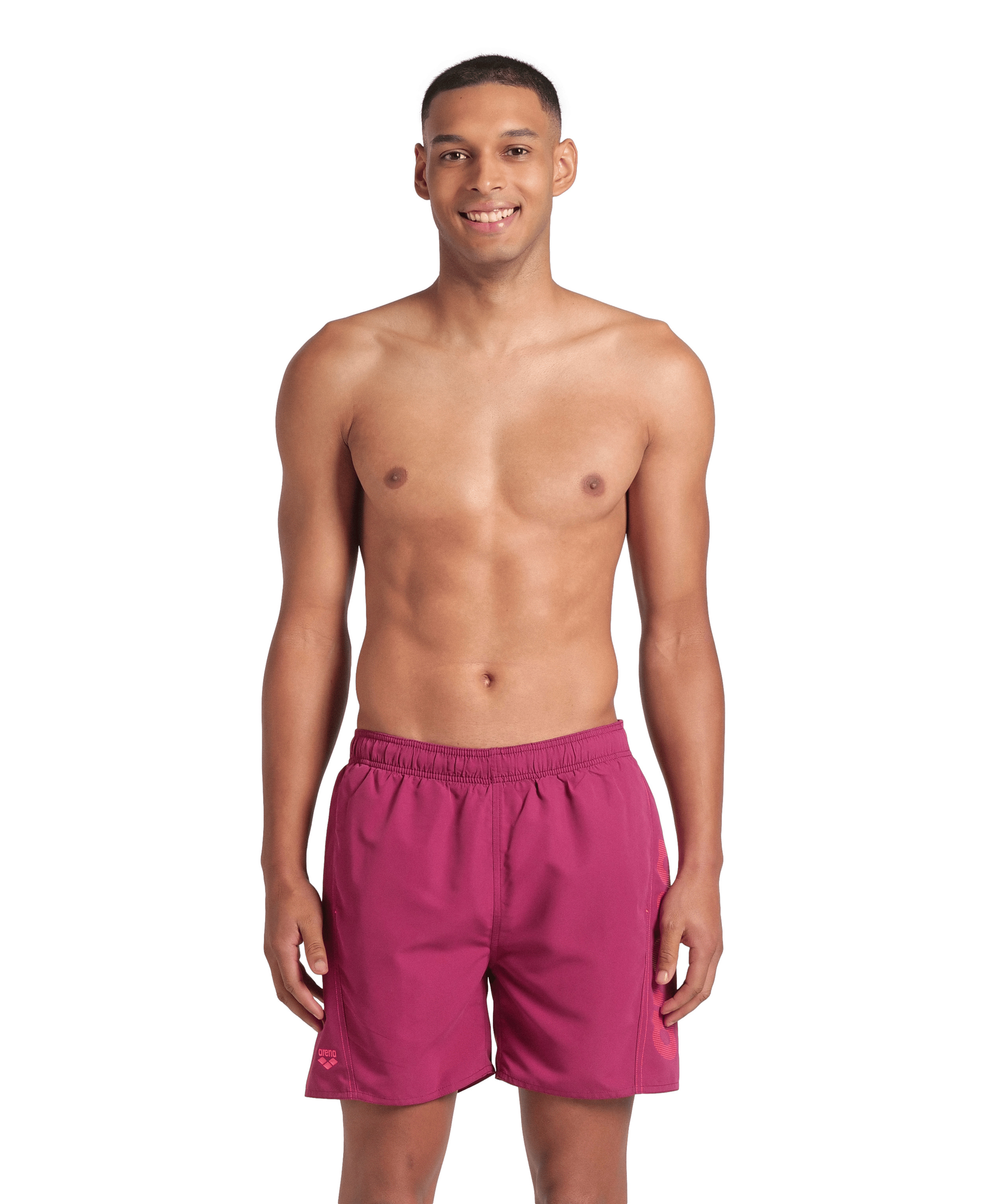 Badeshorts ARENA "FUNDAMENTALS ARENA LOGO BOXER R", Herren, Gr. L, N-Gr, lila (schwarz lila, calypso coral), Obermaterial: 100% Polyester, Badehosen Image