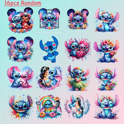 TEMU 16pcs Stitch Iron-on Heat Transfer Stickers - Vibrant Multi- Designs, Durable Heat Pressed Decals For Diy T-shirts, Jeans, Backpacks - Perfect Gift For Fans, Backpack Customization, Decals Image