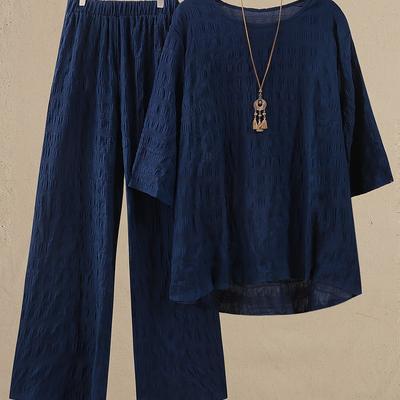 TEMU Stylish Elegant Plus Size Women' Color Two-piece Set, Navy Blue Mid-sleeve Shirt And Pants Outfit, Summer Women's Suit Image