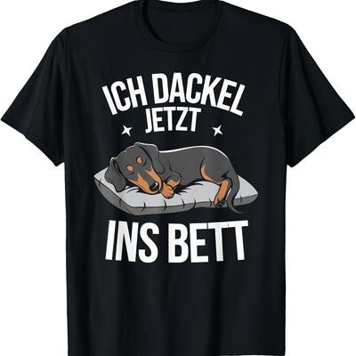 "TEMU Men's Dachshund Graphic T-shirt - "ich Dackel Ins Bestt" Funny Sleepwear, Casual Round Neck Tee, Black With White Print, Short Sleeve, Comfortable For Casual Attire" Image